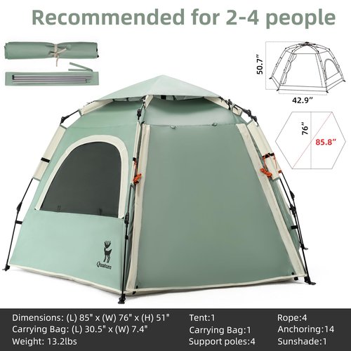 Qunature Tents for Camping 2 Person Waterproof Pop Up Camping Tent with Screen Porch 4 Ventilation Mesh Windows & 2 Doors Portable for Camping, Hiking, Beach, Backpacking, and Outdoors
