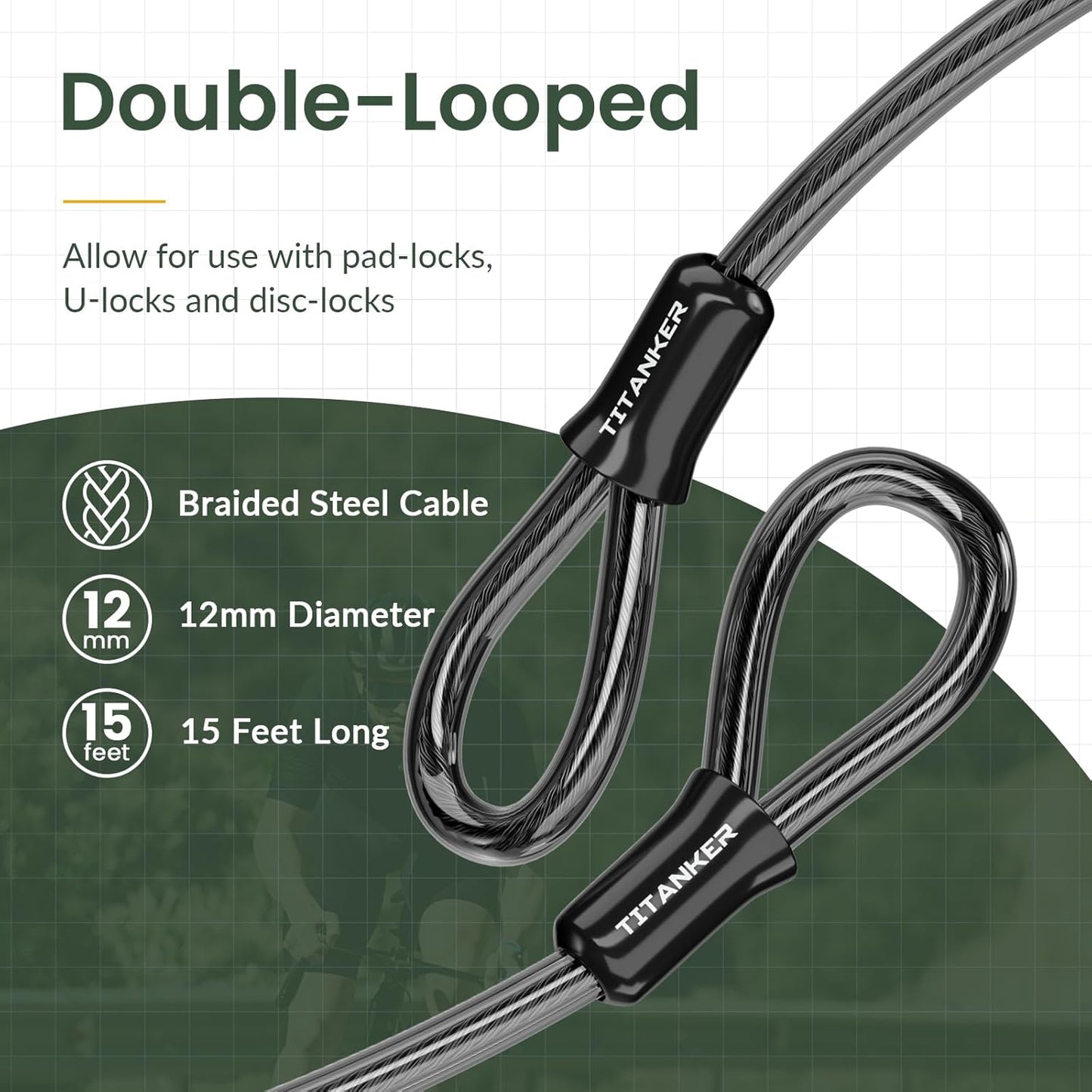 Titanker Bike Lock Cable,12mm Thick Security Cable with Loops Heavy Duty Steel Cable Vinyl Coated Bike Cable Lock Security Chain (4ft, 7ft, 15ft, 30ft)