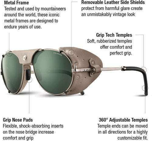 Julbo Cham Glacier Sunglasses for Men & Women w/Removable Leather Side Shields for Hiking, Skiing, Snow - 100% UV Protection