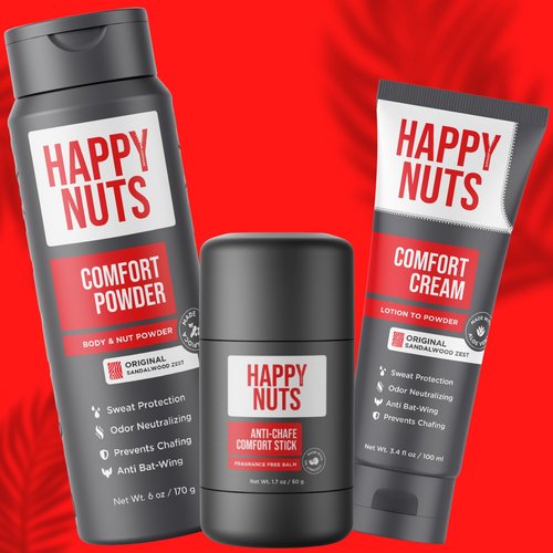 HAPPY NUTS Comfort Power Pack Bundle - Comfort Stick, Cream, and Powder Ultimate Friction Defense & Chafing Prevention for Active Lifestyle