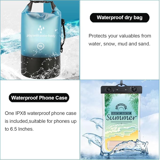 Waterproof Dry Bag,5L/10L/20L Roll Top Lightweight Dry Storage Bag Backpack with Waterproof Phone Case for Travel,Swimming,Boating,Kayaking,Fishing,Camping and Beach (Blue 1pcs, 5L)