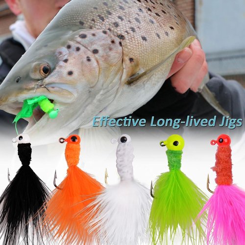 Crappie Jigs Marabou Feather Hair Jigs Bass Fishing Lure Jig Heads Hook for Crappie Trout Walleye Panfish 1/8oz 1/16oz 1/32oz