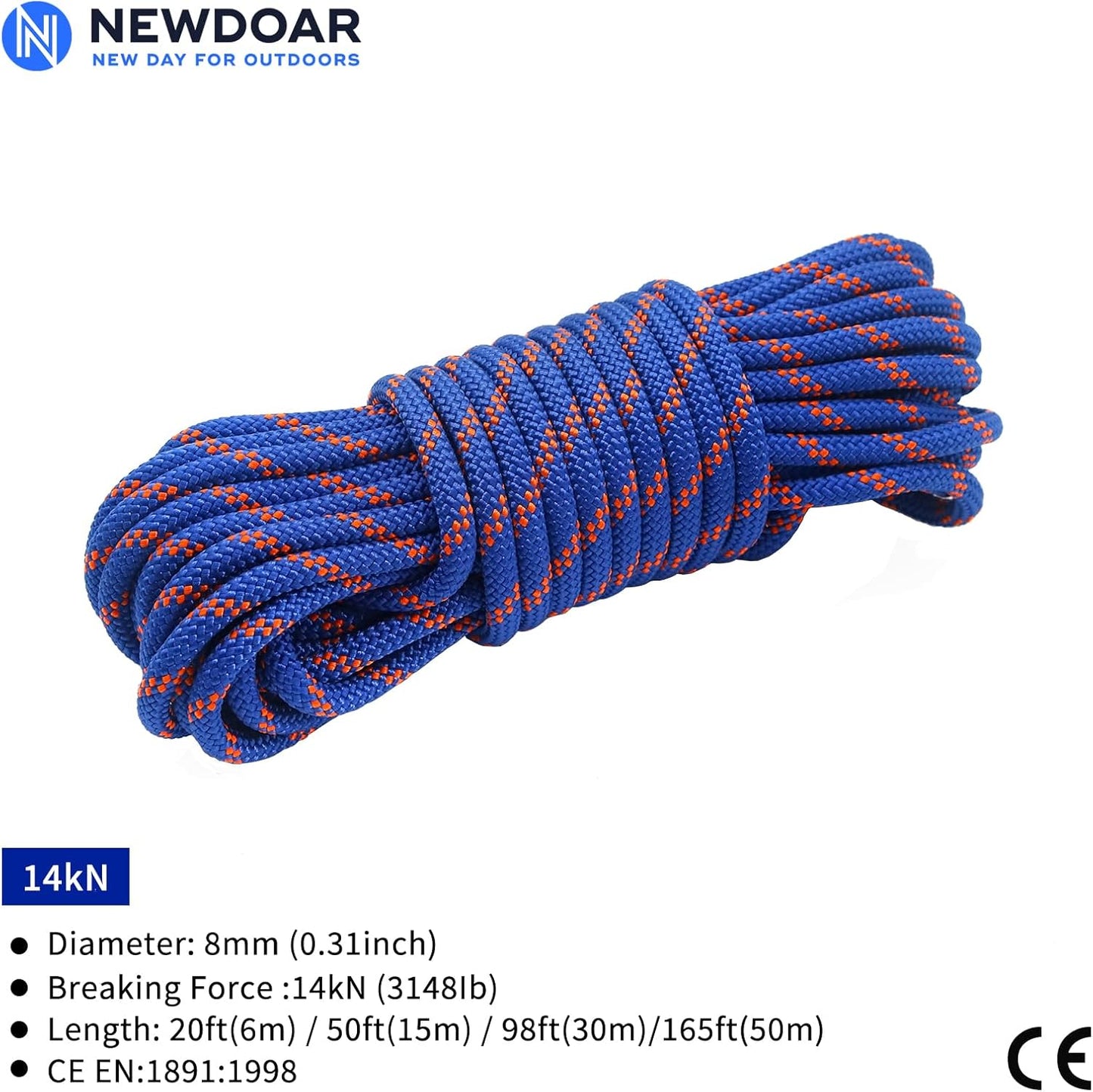 NewDoar 8mm Climbing Accessory Cord High Strength Rope Equipment for Mountain Climb, Fire Rescue Escape, Outdoor Survival, Camping (Polyester 20ft)