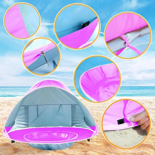 Baby Beach Tent, Pop Up Portable Sun Shelter for Infant & Toddler, Waterproof & 50+ UPF UV Protection, Outdoor Kiddie Pools, Kids Beach Shade Tent (Pink)