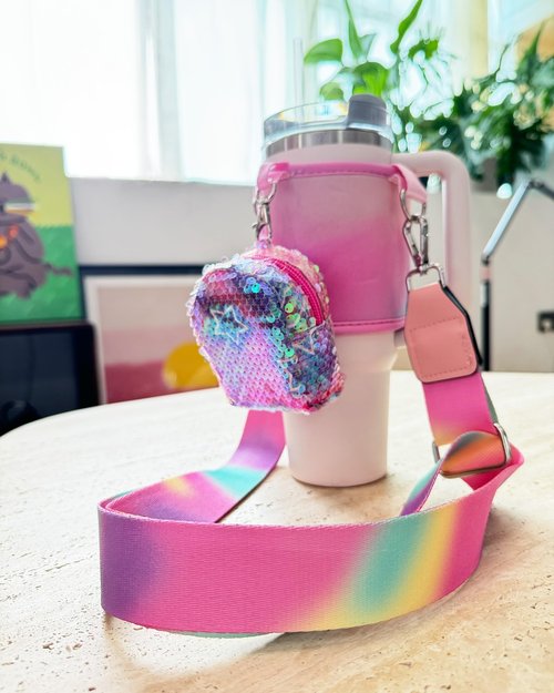 TOVICE Stanley Cup Holder with Strap, Crossbody Strap for Stanley 40oz & 30oz /Hydroflask/Simple Modern, Glitter Sequin Coin Purse, Pink Stanley Cup Accessories, Fits Most 32-40oz Bottles