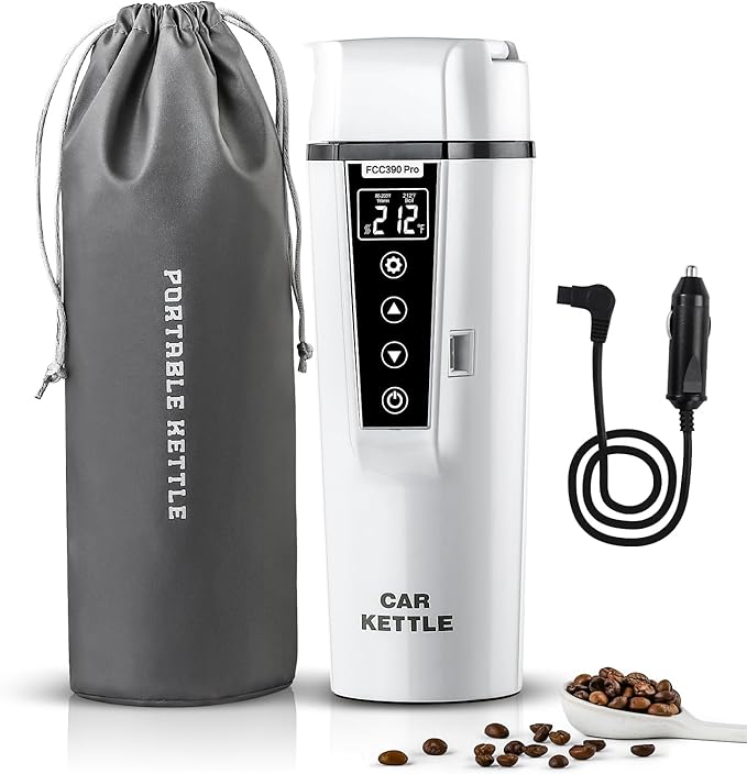 Portable Electric Car Kettle: 12V/24V Kettle Mini Water Boiler for Car Heated Travel Mug,Smart Precision Temperature Adjustment Coffee Tea Truck Cup with Handy Kettle Bag (White, 400ML)