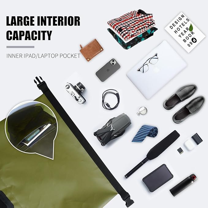 SEPEAK Waterproof Dry Bag Backpack IPX6, Roll-Top Closure Bag 55L Boating & Kayak Accessories - Essentials for Camping Swimming Beach Fishing Rafting Travel,Green