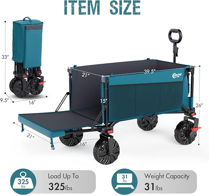 PORTAL 300L Large Capacity Foldable Wagon with Tailgate, 325LB Heavy-Duty Collapsible Utility Cart, All-Terrain Wheels & Brakes, Oversized Garden Wagon for Camping, Groceries, Sports, and Pets