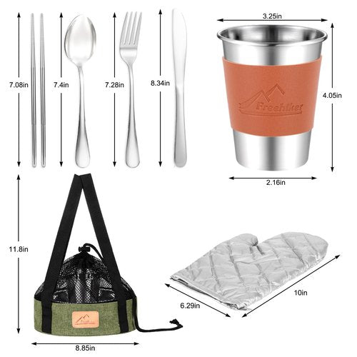 Camping Mess Kit - 1 to 2 Persons Camping Dishes Includes Cups Bowls Dishes Knives Forks Spoons, Etc, Camping Cutlery Set with Mesh Bag is Easy to Carry for Backpacking, Camping, Hiking and Picnics