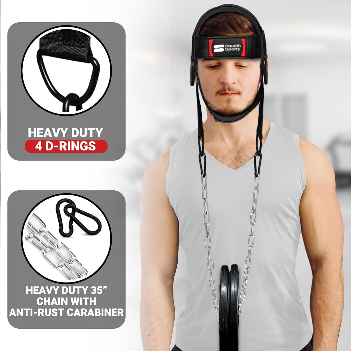 Neck Harness with 88cm Adjustable Chain - 360 Degree Thick Neoprene Padded Chin & Head Straps Neck Exerciser for Weight Training & Neck Workout Head Harness for Weight Lifting
