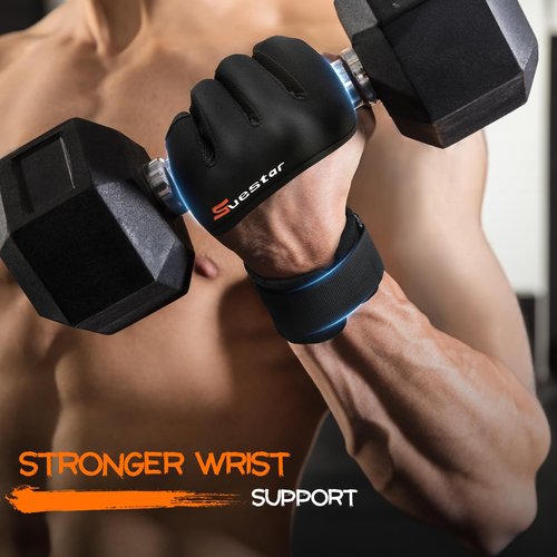 SueStar Workout Gloves, Heavy Duty Cowhide Padded Weight Lifting Gloves with Wrist Support, Full Palm Protection & Silicone Grips Gym Gloves for Weightlifting, Deadlifts, Exercise (Medium), Black