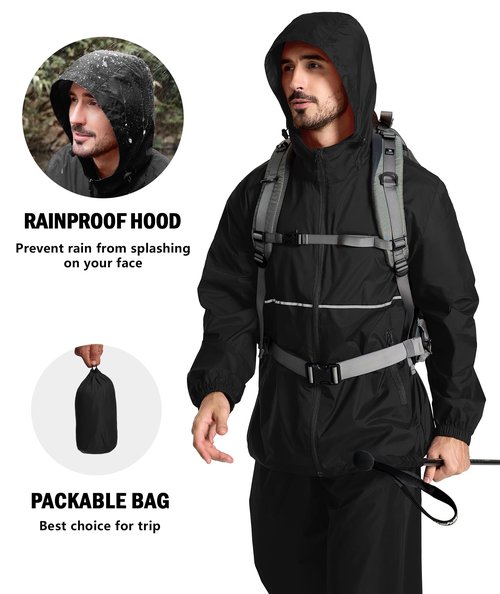ZITY Mens Rain Jacket Waterproof with Hood Lightweight Raincoat for Golf Hiking Camping Cycling Black XL