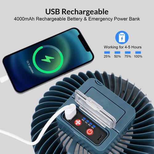 2 Packs Portable Camping Fan with LED Lantern,USB Rechargeable for Phone Waterproof Tent Fan with Hanging Hook Magnet Survival Kits for Indoor Outdoor Hiking Car Office Desk Outdoor Emergency Power