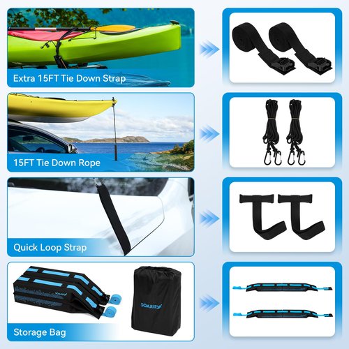 SOARIFY Universal Car Soft Roof Rack，Roof Pads Luggage Carrier for Kayak, Surfboard SUP, Canoe Include Storage Bag, 2 Quick Loop Strap, 2 Tie Down Rope, and 2 Heavy Duty Tie Down Straps