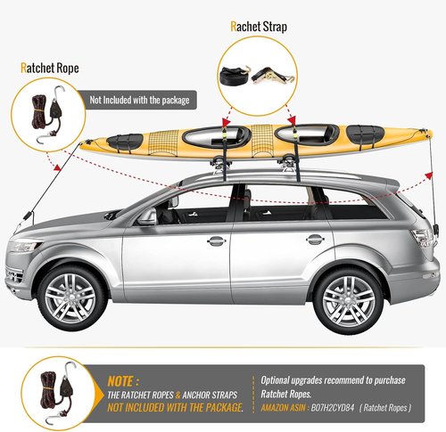 AA-Racks 2 Pair J-Bar Rack for Kayak Carrier Canoe Boat Paddle Board Surfboard Roof Top Mount on Car SUV Truck Crossbar with 16 Ft Ratchet Lashing Straps