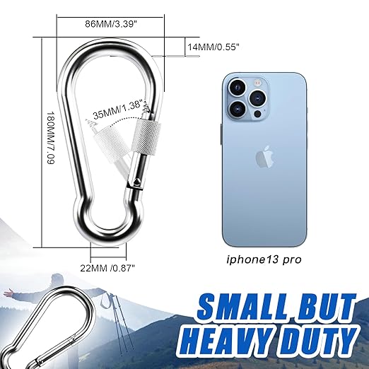 KINLINK 1 Pack Screw Locking Carabiner - 7.00 inch Heavy Duty Carabiner Clips, 304 Stainless Steel Large Caribiner for Camping, Swing, Hammock, Hiking,Weight Lifting Machine, Home Gym Equipment