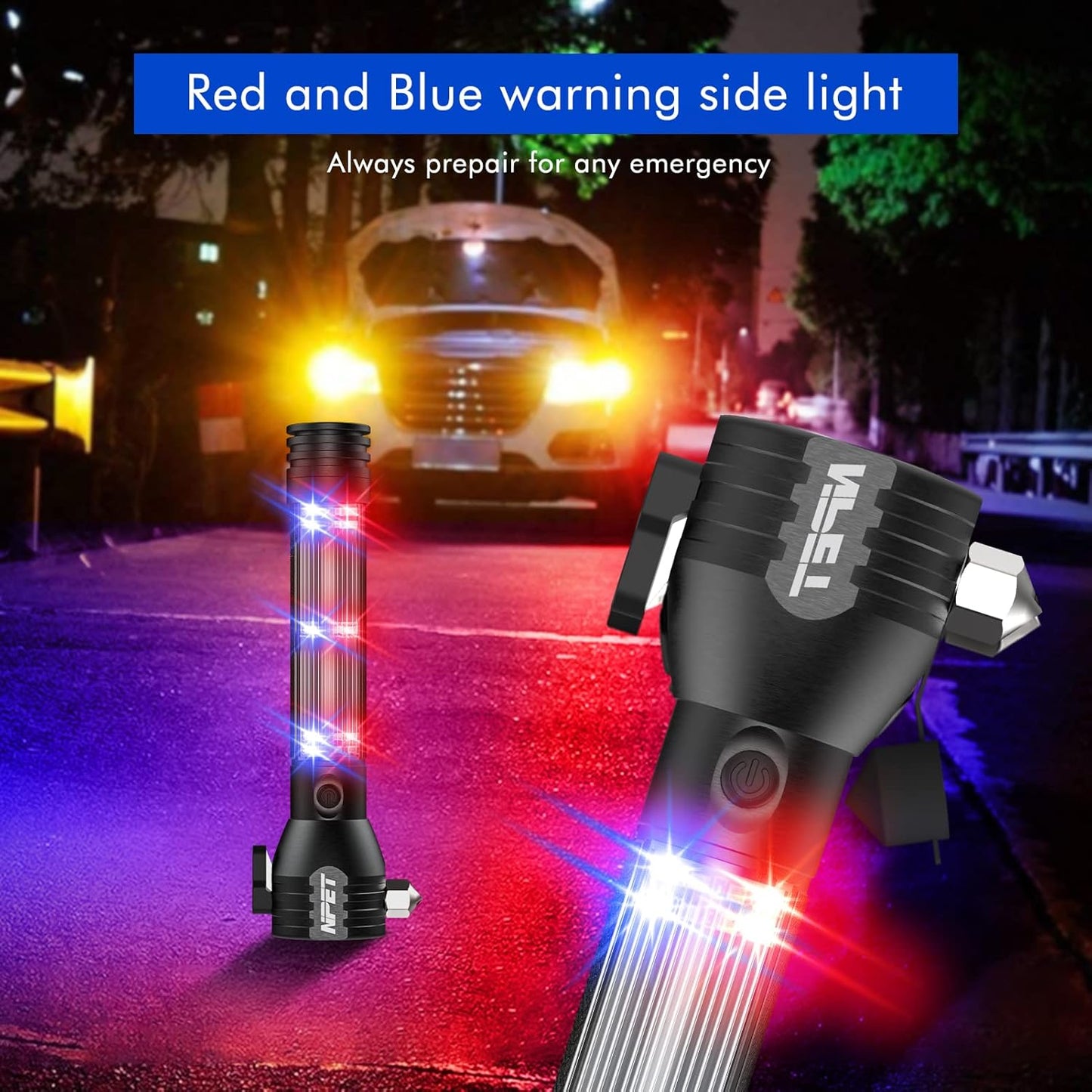NPET T10 Car Flashlight 500 Lumens LED COB Light Solar Powered USB Rechargeable Tactical Multi-Function Torch Tool with 120dB Siren Window Breaker Seat Belt Cutter Compass for Camping