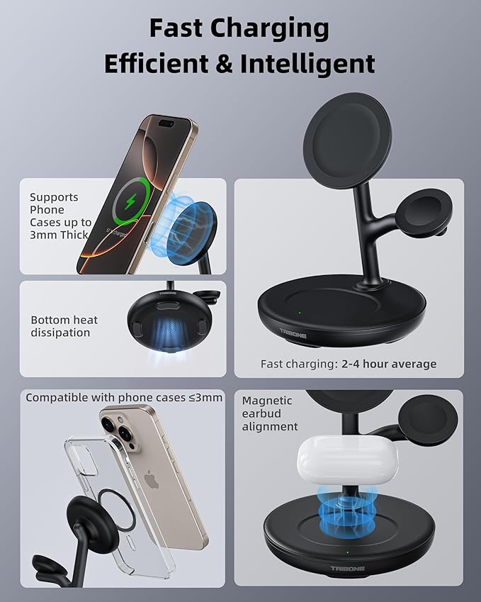 3 in 1 Magnetic Wireless Charger Stand for Apple Devices, TRIBONE Fast Charging Station for iPhone 16/15/14/13/12 Series, Apple Watch, Airpods (Black)