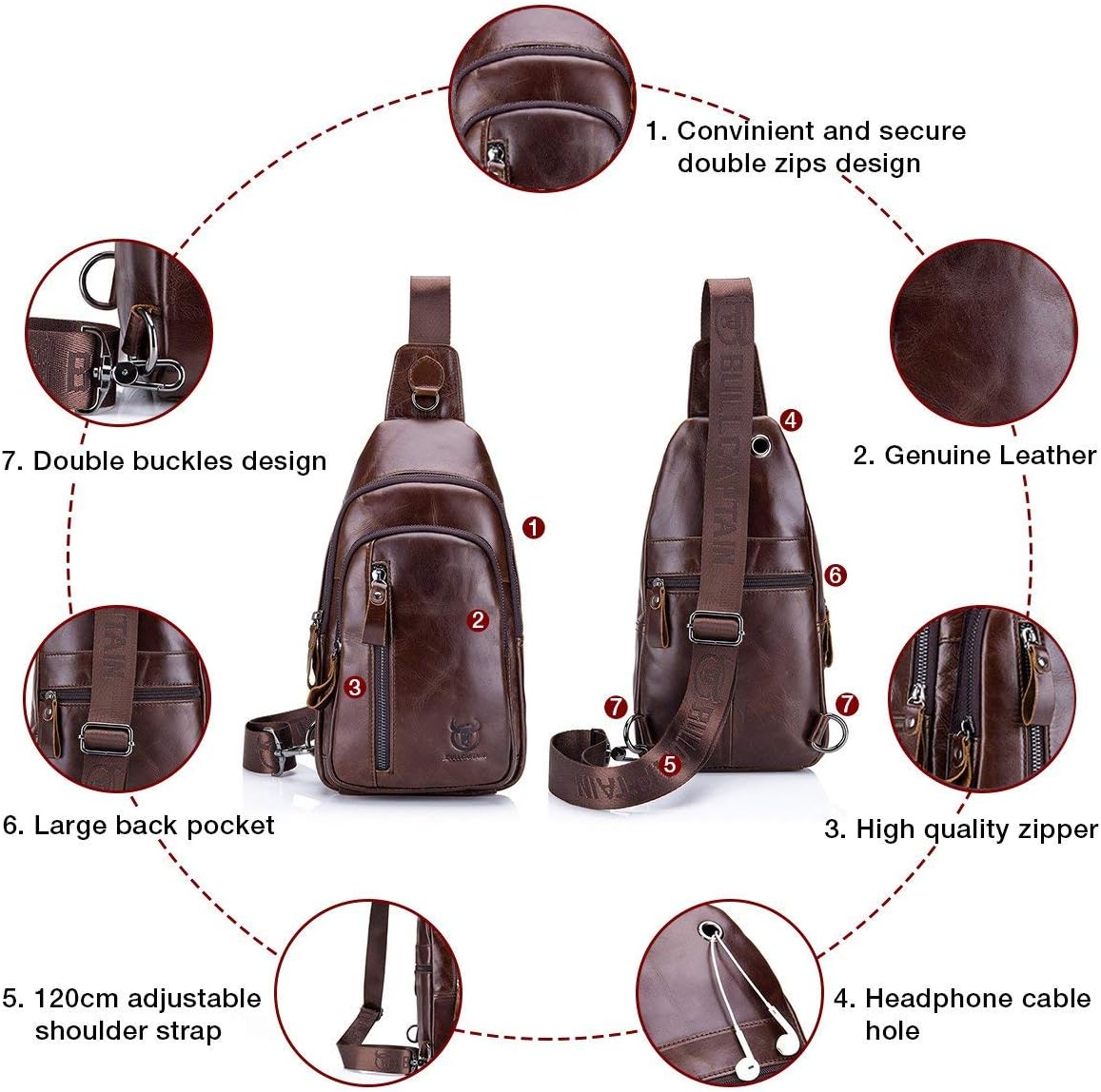 Sling Bag, Leather Chest Bag Crossbody Shoulder Business Backpack Outdoor Coffee