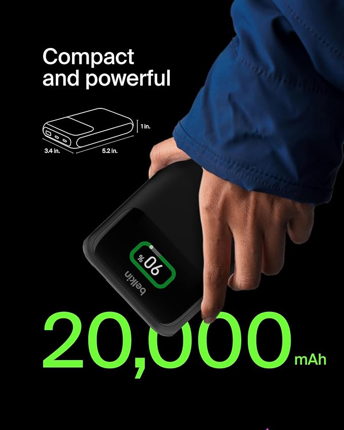 Belkin Portable Charger, 3-Port Laptop Power Bank 20000 mAh - USB-C & USB-A Ports, 65W iPhone Charger Fast Charging - MacBook, Apple iPhone 16, iPad, Samsung Galaxy S25, Nintendo Switch 2, etc - Black