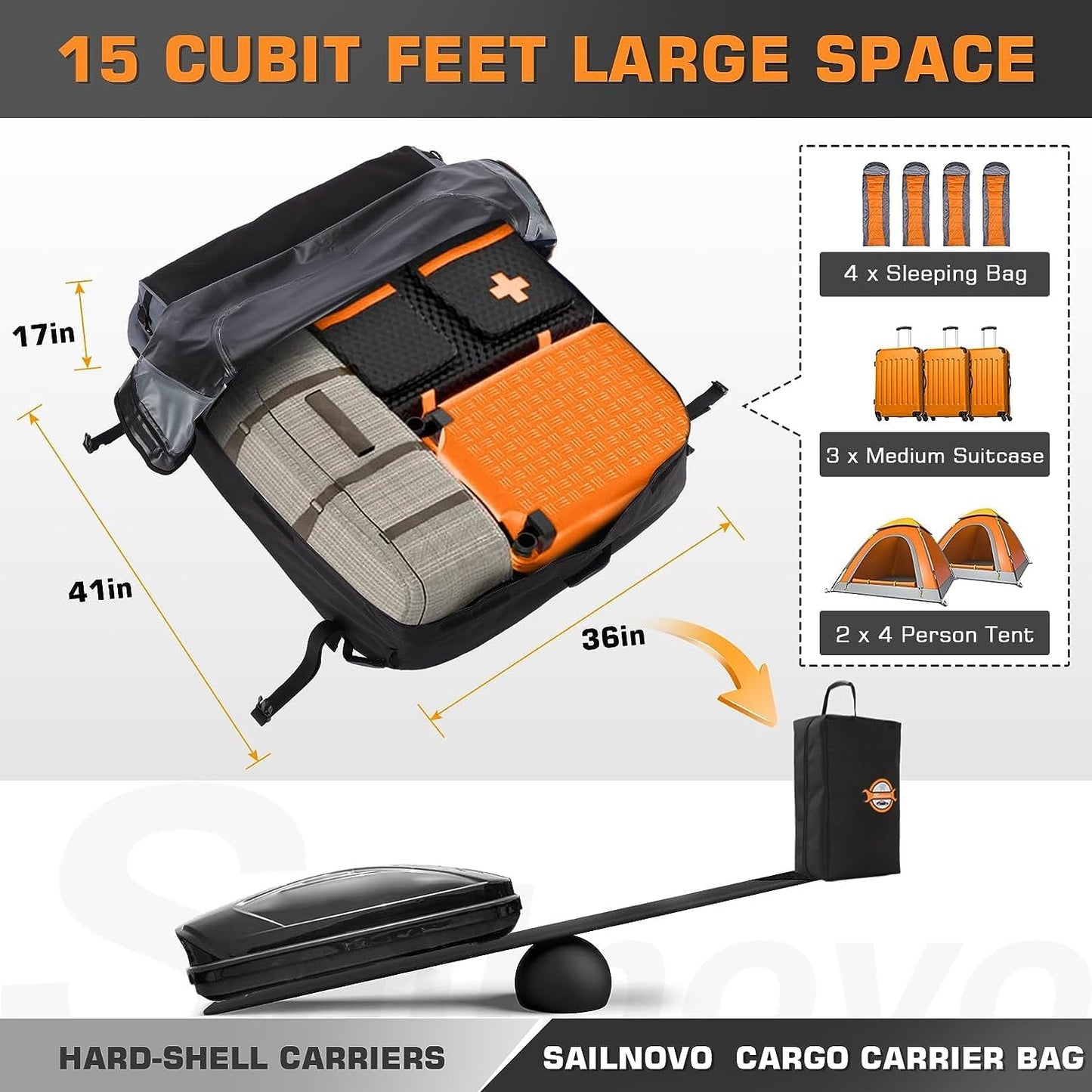 Sailnovo Car Rooftop Cargo Carrier Roof Bag, 20 Cubic feet Waterproof Roof Cargo Carrier fit car with/Without Luggage Rack - Vehicle Soft Shell Roof Cargo Box with Tie-Down Strap, Safety Hook