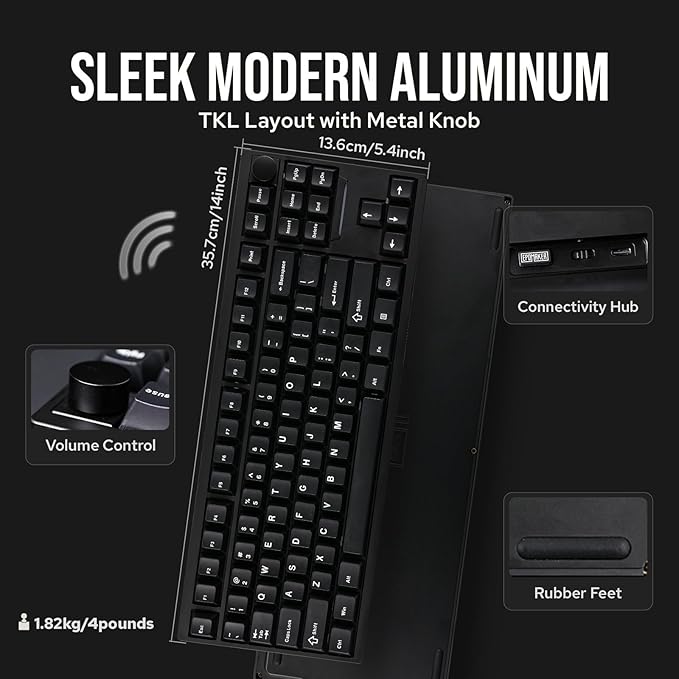 EPOMAKER P87 TKL Aluminum Wireless Gaming Keyboard, QMK/VIA Programmable, 87% Bluetooth/2.4Ghz/USB-C, with CNC Metal Knob and RGB Backlight (Black, Wisteria Tactile Switch)