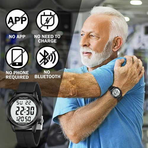 Hearkent Pedometer Watch for Walking for Senior No App Required with Steps Calories Counter and LCD Large Numbers(All Black)