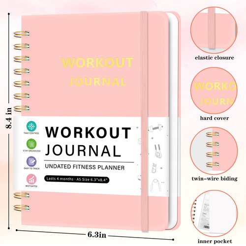 Workout Journal Fitness Planner for Women & Men, Undated Workout Log Book to Tracking Gym Sessions, Great Accessories to Achieving Your Wellness Goals, 6.3"x8.4", Pink
