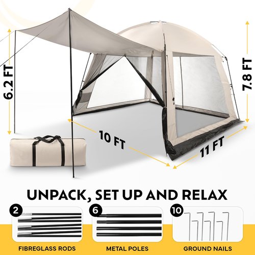10x10 Screen Tents for Camping, 6-8 Persons Screen House for Camping, Windproof With 10 Ground Nails & 6 Steel Poles, UV Protected, 360° Ventilated & Bug Free for Peaceful Picnics, BBQ & Camping Night