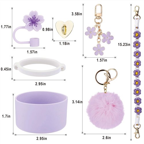 Rhewatin Accessories for Stanley Cup 40oz Tumbler, Including Strap, Silicone Cup Boot, Straw Cover, 2 Charms - Purple