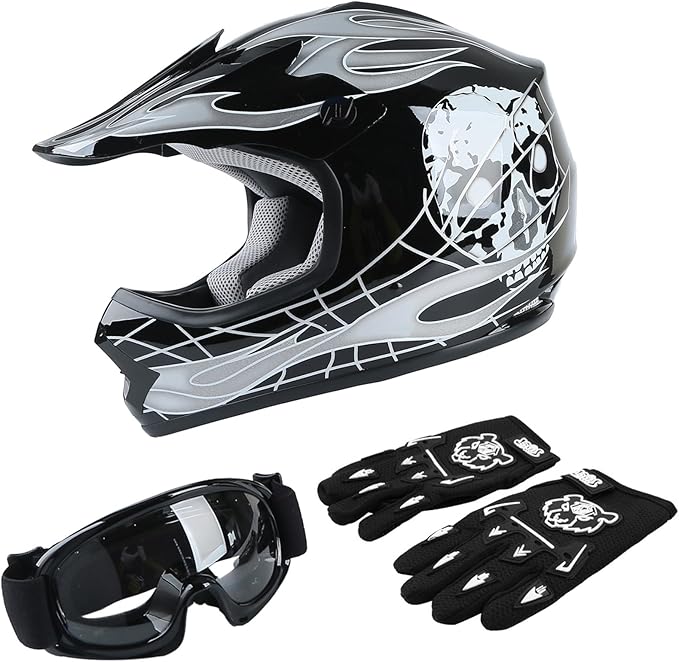 TCT-MOTORPARTS DOT Youth Kids Motocross ATV Helmets Four Wheeler Offroad Street Dirt Bike Go-Kart BMX MX Full Face Helmet Black Skull Samll Size