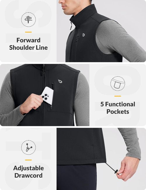 baleaf Men's Golf Vest Fleece Lined Softshell Sleeveless Jacket Water Resistant Cold Weather Running Gear Winter Pockets Black 3XL