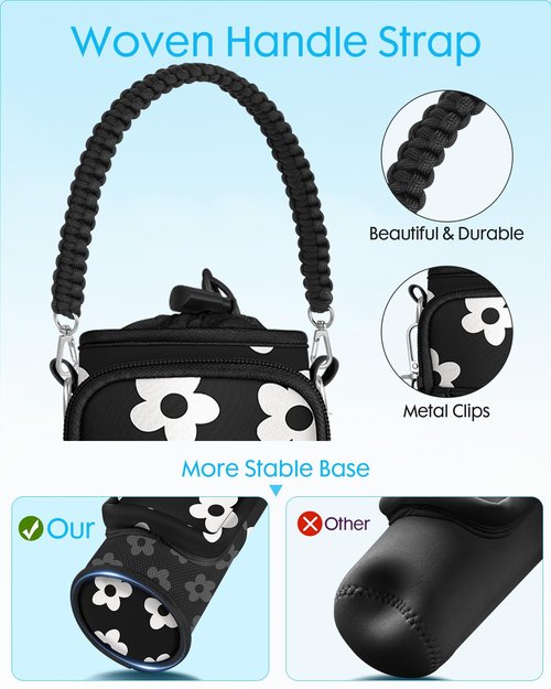 Toykee Under 32 oz Water Bottle Holder Bag with Strap - Crossbody & Woven Handle Sling for Carrier Walking with Phone Pocket Black White Flower