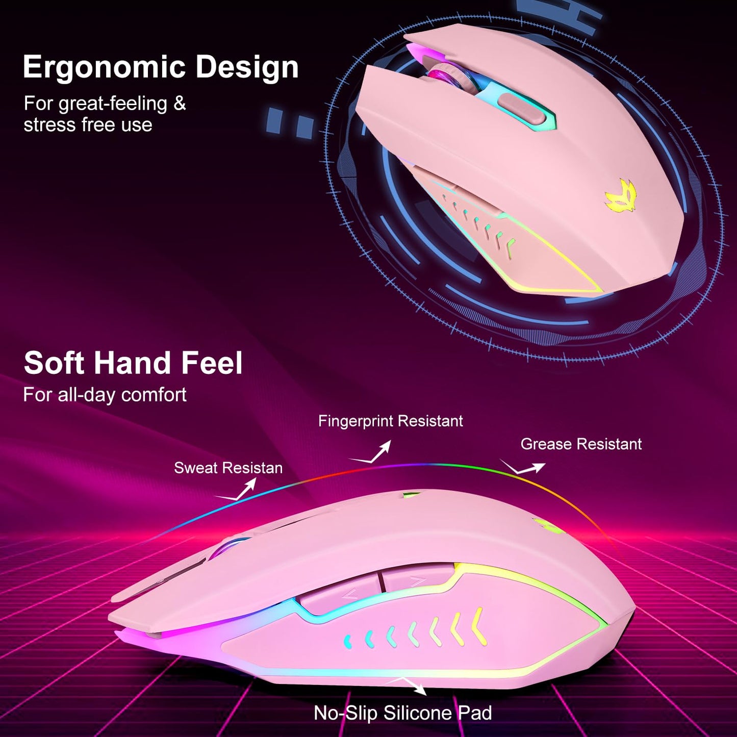 Wireless Gaming Mouse, Rechargeable Wireless Computer Mouse, 7-Color LED Light, Ergonomic Mouse with 6 Silent Click Buttons, 3 Adjustable 2400 DPI Wireless Mouse for Laptop,PC,Mac, Black