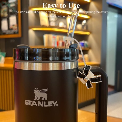 Amreich Epoxy Bow Straw Toppers for Stanley Cups -4PCs Cute Straw Cover Caps Silicone Stanley Cup Accessories Compatible with 12 20 30 40 Oz Tumblers in Pink Black White Yellow with Storage Case