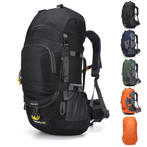 ShowyLive 60L Hiking Backpack for Men/Women - Lightweight Waterproof Travel Backpack with Rain Cover, Multi-Compartments, Adjustable Straps - Large Camping Bag for Outdoor Adventures (Black)