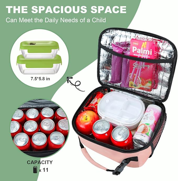 Kids Lunch Box for Boys Girls Lunch Bag Insulated Durable Lunchbox Children Lunch Tote Bag for School Pink