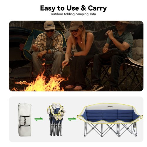 Thallike Double Camping Chair – 2-3 Person Outdoor Folding Sofa with Cup & Wine Glass Holders – Oversized Loveseat Camping Couch for Campfire, RV, Backyard – Supports Up to 660 lbs