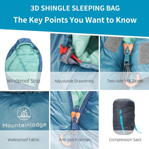 Mountainlodge 3-4 Seasons Cyan Two-Layer Shingle Sleeping Bag with Inner Pocket for Adult,Perfect for Backpacking,Traveling and Hiking,Including Free Compression Stuff Sack (Cyan with Left Hand)