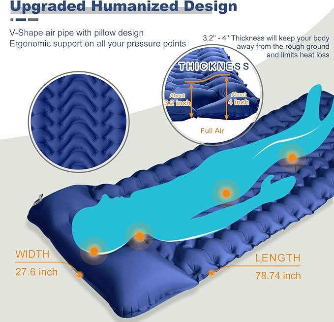 MEETPEAK Sleeping Pad, Extra Thickness 4 Inch Inflatable Camping Sleeping Mat with Pillow Built-in Foot Press, Compact Ultralight Camping Air Mattress for Backpacking, Hiking, Tent