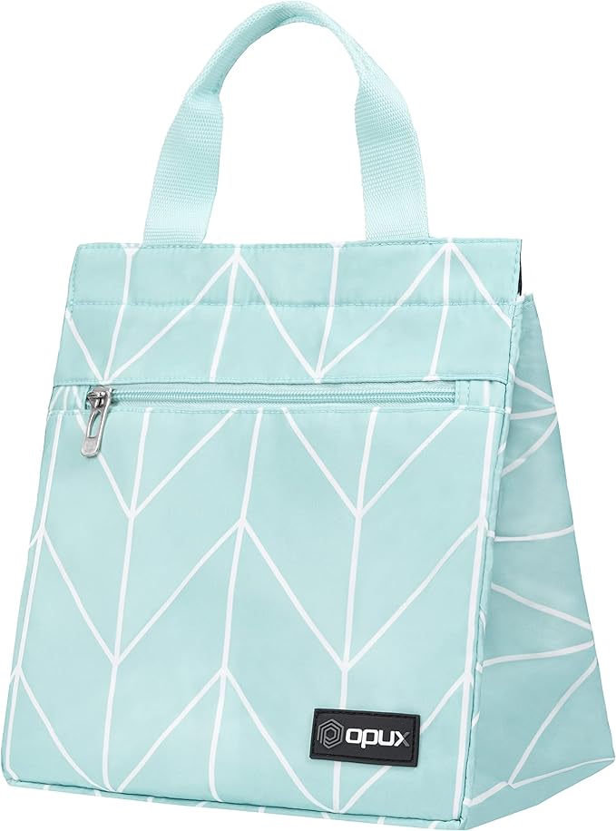 opux Lunch Bag for Women, Insulated Lunch Box Tote for Girls Kids Adult School Work, Reusable Womens Lunch Tote for Office Travel, Cute Small Lunch Tote, Fits 12 Cans - Chevron Teal