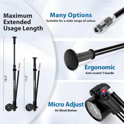 Hycline High Pressure Shock Pump with Gauge: 300 PSI Bicycle Pump for Front Fork & Rear Suspension - Mini Pump with Air Bleed for Road Mountain Bike Fits Schrader & Presta Valve - Black