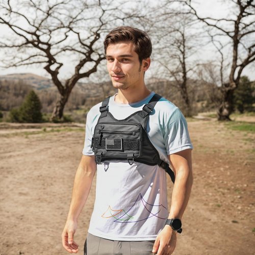 Chest Bag For Men, Water Resistant Sport Chest Pack - Lightweight Running Vest Bag with Built-In Phone Holder & Extra Storage, Minimalist Pack for Workouts and Cycling (Black)