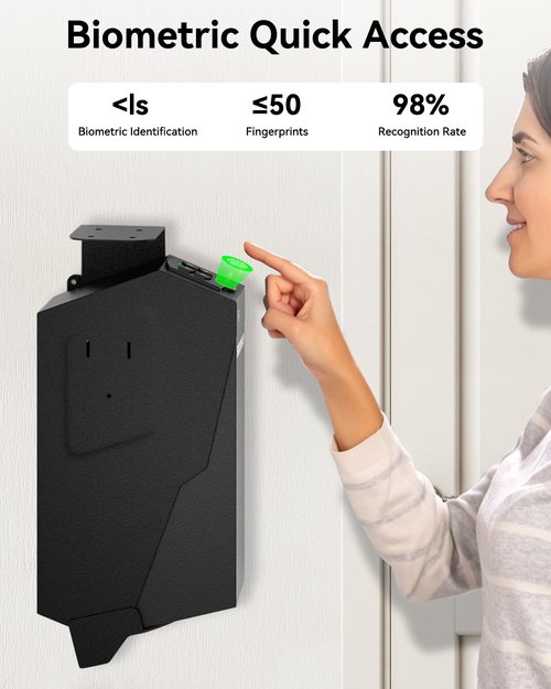 Gun Safe, Mounted Biometric Pistol Safe Drop Down Gun Lock Box for Handgun with 3 Ways Quick Access Bedside Pistol Case for Nightstand, Desk, Wall, Dresser