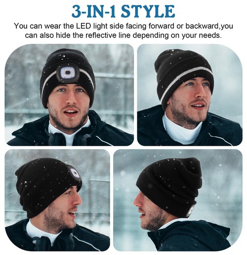MELASA Reflective Stripe LED Beanie Safety High Visibility Winter Thermal Knitted USB Rechargeable Hat with Light Built in Suitable Outdoor Work Sports Gifts for Men Dad Fluorescent Yellow