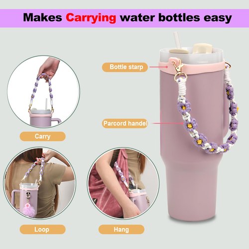 Wongeto Water Bottle Handle Strap - Compatible with Stanley Cup Accessories - for Stanley Cup 40oz & 30oz Tumbler(Purple Flower)