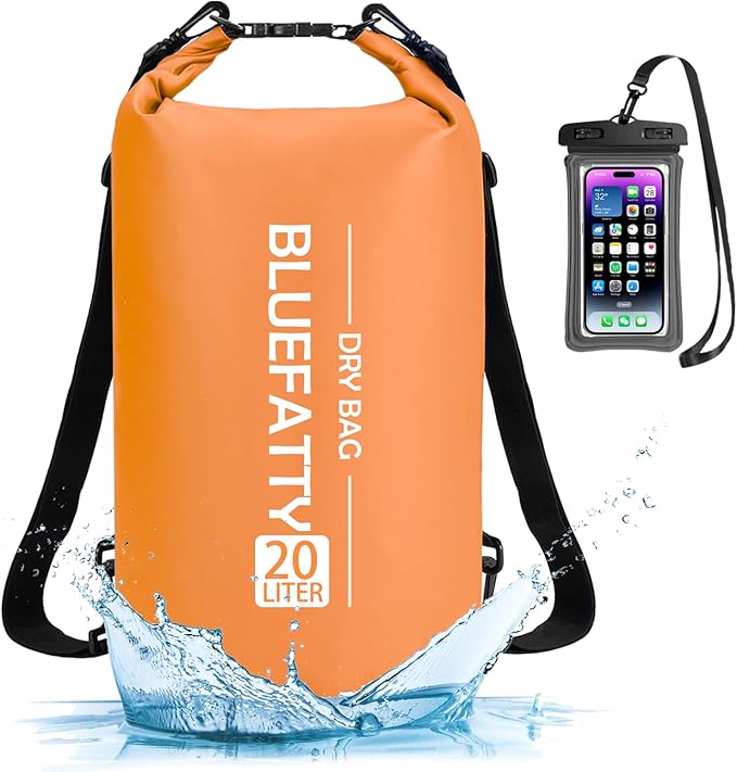 Waterproof Dry Bag Floating Roll Top Dry Backpack for Kayaking, Rafting, Boating, SUP, Fishing with IPX8 Waterproof Phone Case, Orange, 20L