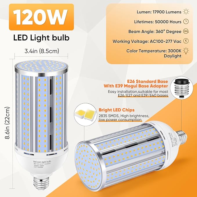 2 Pack 120W Corn LED Light Bulb Fanless,3000K/Warm White(1200 Watt Equivalent) E26/E39 Large Mogul Base LED Cob Lamp 15,800LM for Outdoor Indoor Garage Warehouse Factory Workshop Street Backyard