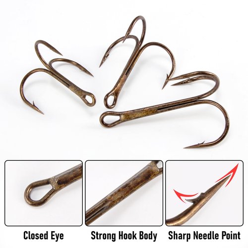 Dr.Fish 30 Pack Treble Hooks, Bronze Round Bend, #16-#6/0, Triple Fishing Hooks for Fresh&Saltwater, Replacement Catfish Walleye Trout Salmon Bass Fishing #16