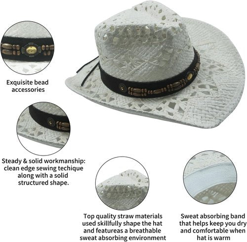 TOVOSO Straw Cowboy Hat for Women with Beaded Trim and Shapeable Brim, T20 White